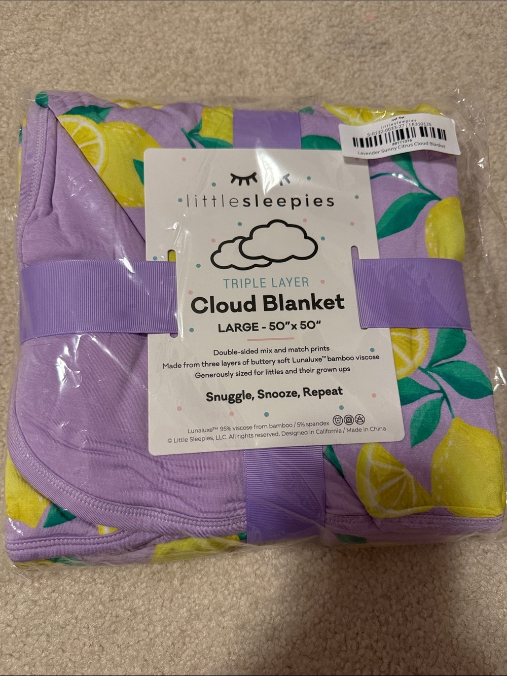 Little Sleepies Lavender Sunny Citrus Print Triple Layer Cloud Blanket 50x50 NIB